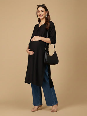 Black Embroidered Maternity and Nursing Silk Kurta - S Maternity Ethnic Wear