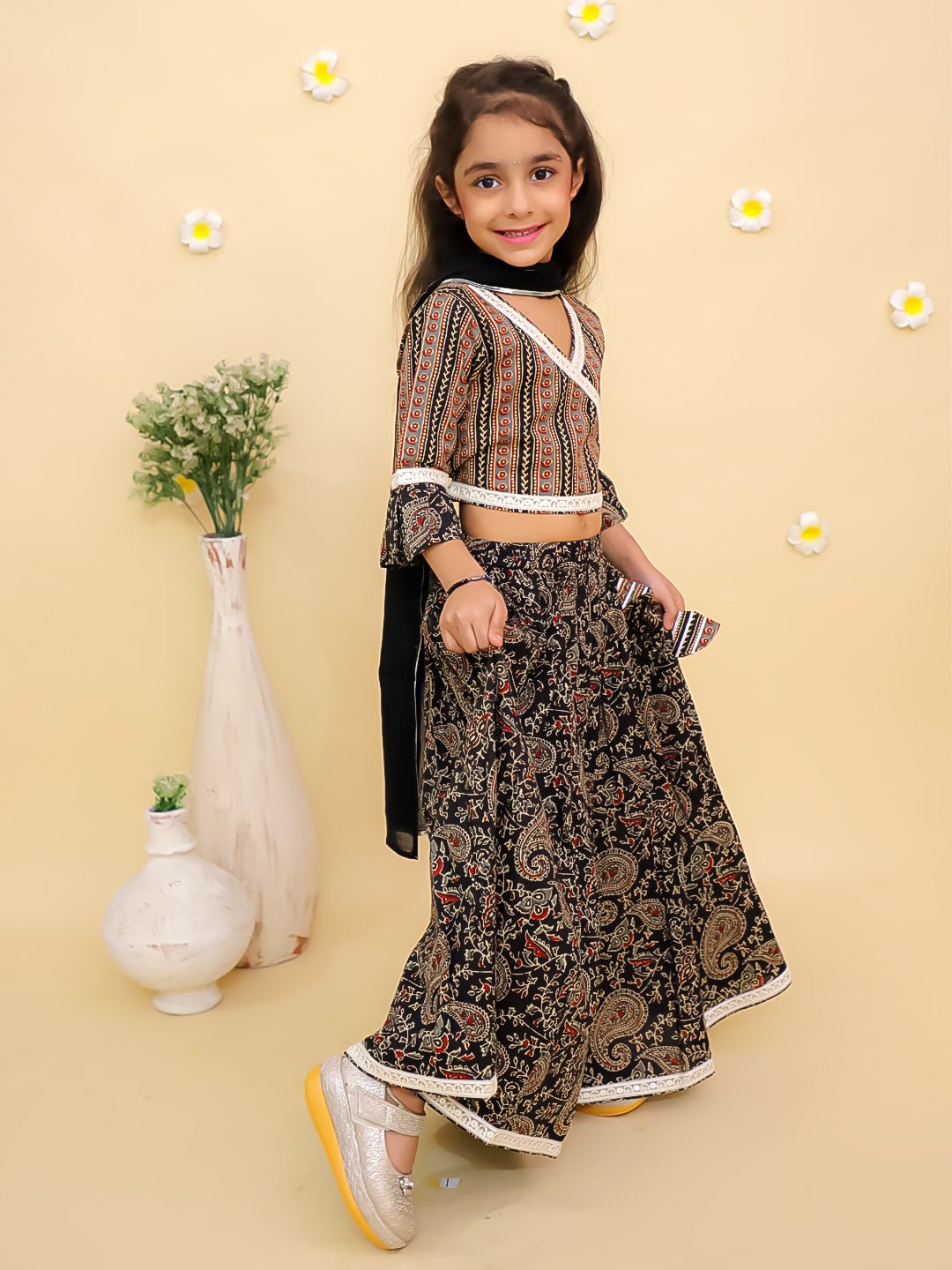 Black Kalamkari Girls Lehenga Set with Dupatta - KES - RA - BKKLM - 0 - 6