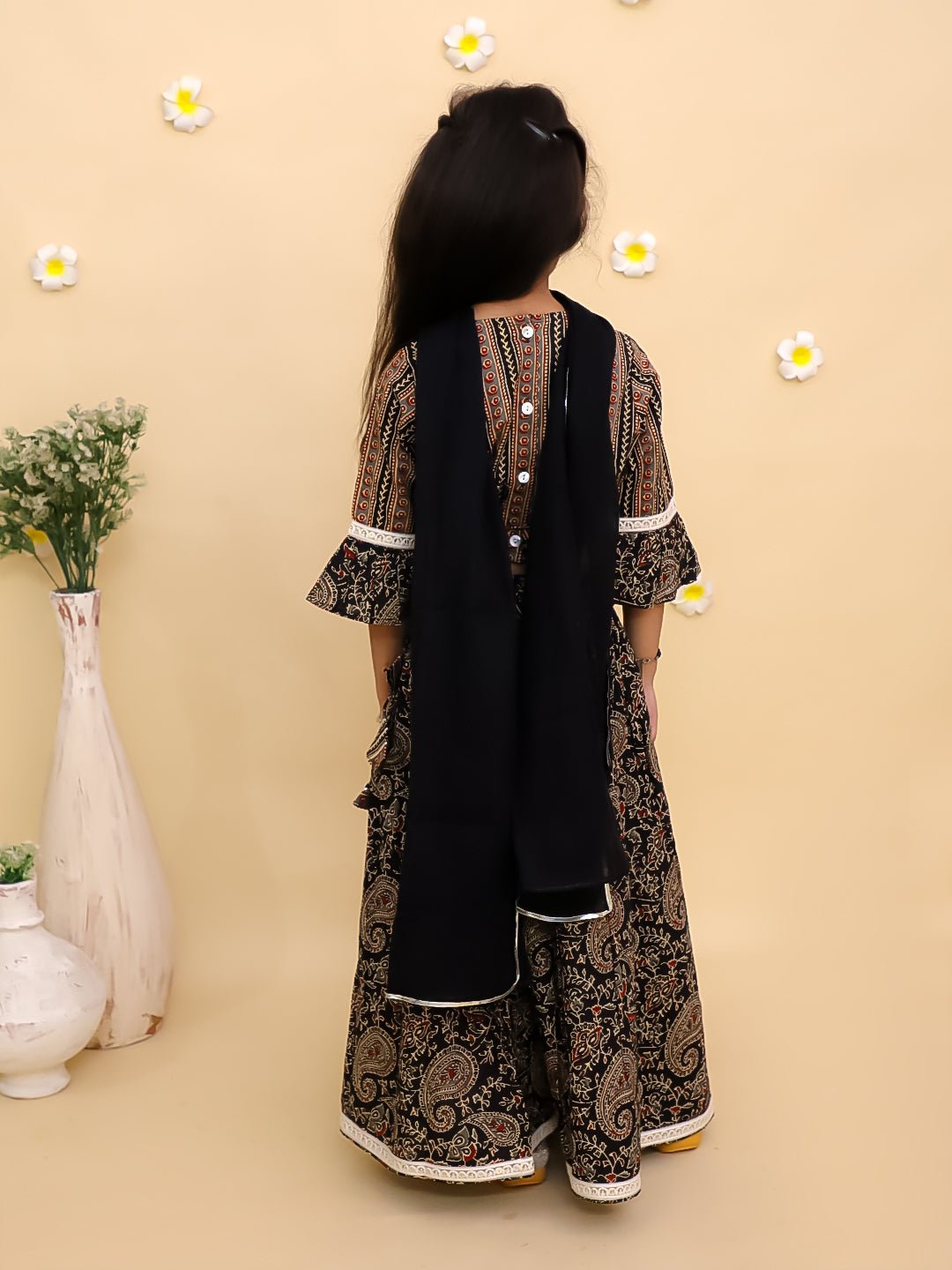 Black Kalamkari Girls Lehenga Set with Dupatta - KES - RA - BKKLM - 0 - 6