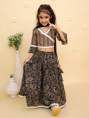 Black Kalamkari Girls Lehenga Set with Dupatta - KES - RA - BKKLM - 0 - 6