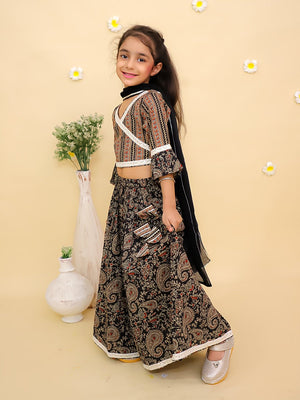 Black Kalamkari Girls Lehenga Set with Dupatta - KES - RA - BKKLM - 0 - 6