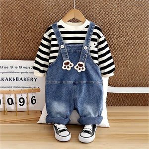 Black Mad Ted Dungaree with Stripes T-shirt, 2 Pcs Clothing Set For Toddlers And Kids - 1 - 2 Years Kids Clothing