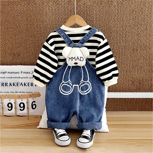 Black Mad Ted Dungaree with Stripes T-shirt, 2 Pcs Clothing Set For Toddlers And Kids - 1 - 2 Years Kids Clothing