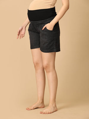 Black Maternity Denim Shorts With Belly Support - MDD - KS - BLAK - S