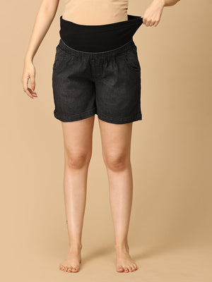 Black Maternity Denim Shorts With Belly Support - MDD - KS - BLAK - S