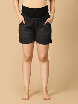 Black Maternity Denim Shorts With Belly Support - MDD - KS - BLAK - S