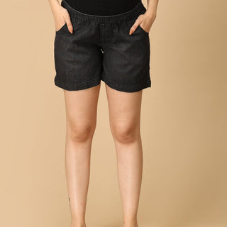 Black Maternity Denim Shorts With Belly Support - MDD - KS - BLAK - S