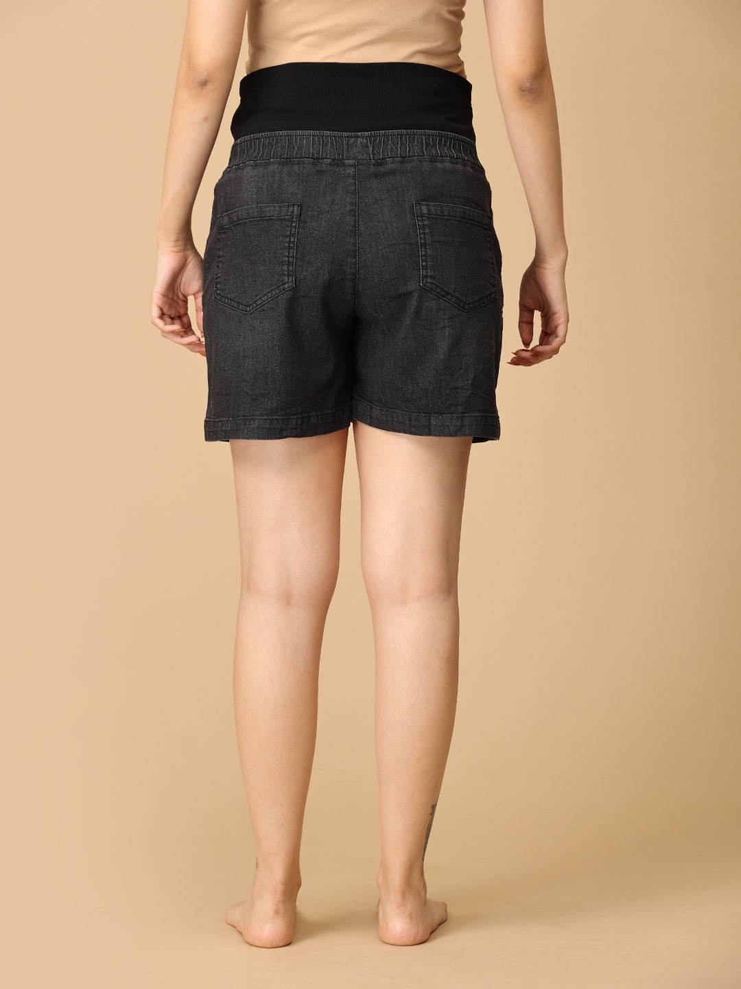 Black Maternity Denim Shorts With Belly Support - MDD - KS - BLAK - S