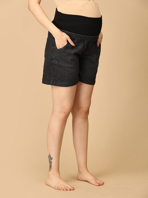 Black Maternity Denim Shorts With Belly Support - MDD - KS - BLAK - S