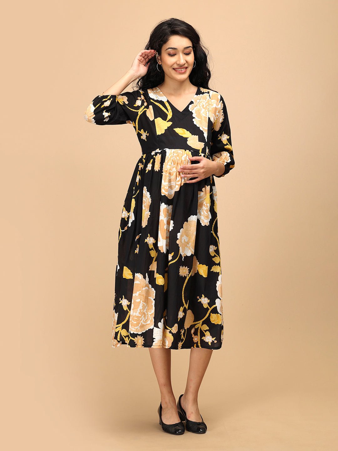Front view of Black Peony Maternity and Nursing Dress with floral print and V-neckline