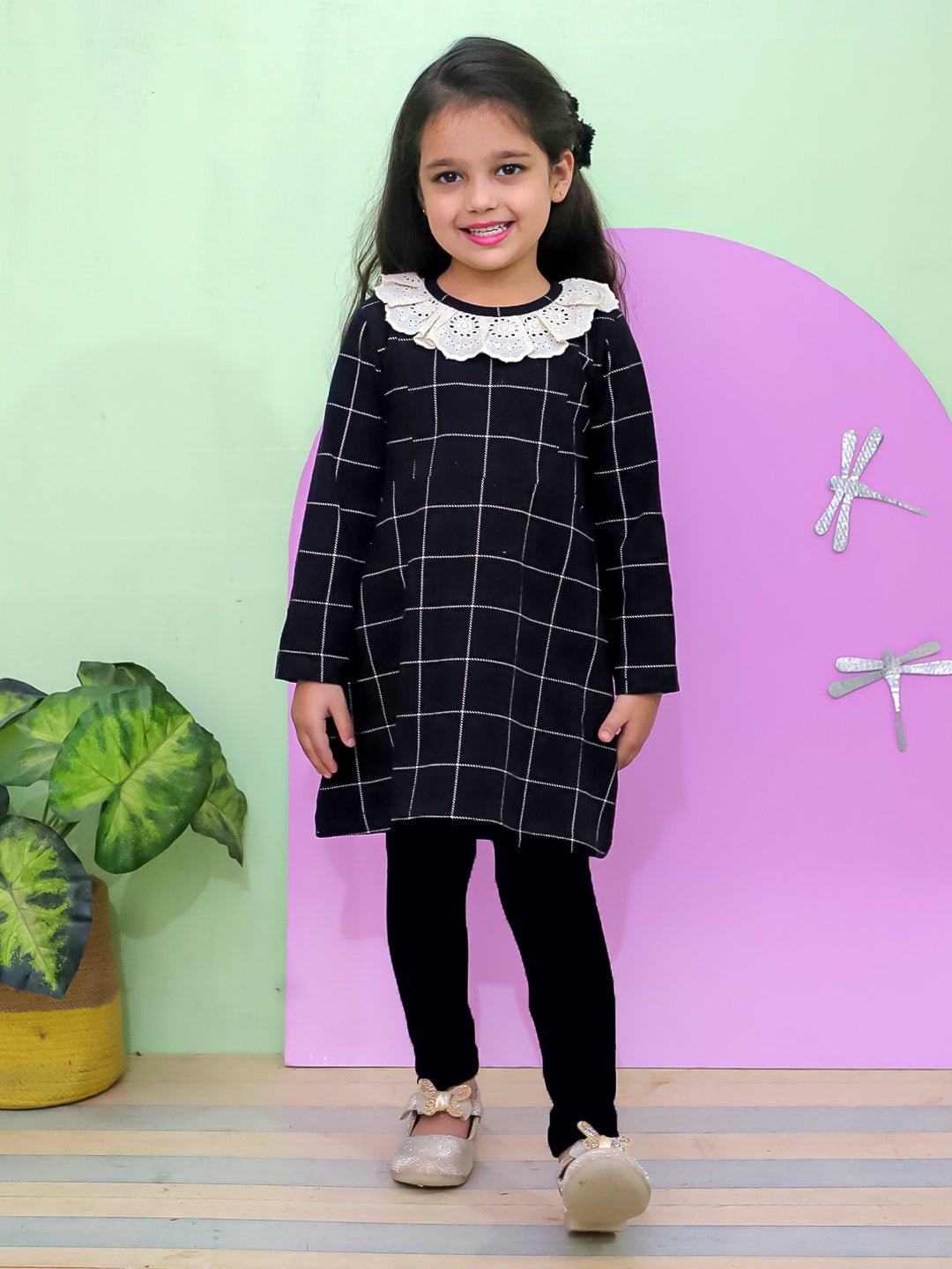 Black Plaid Flannel Girls Winter Dress - KWW - PB - BLKPLD - 6 - 12