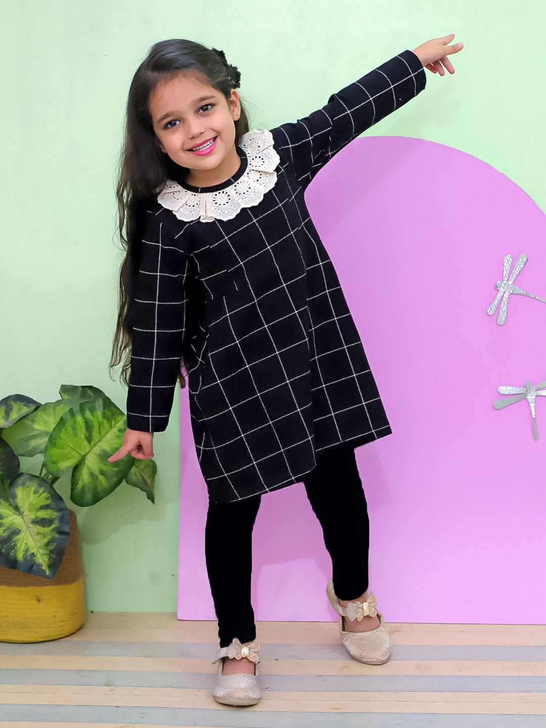 Black Plaid Flannel Girls Winter Dress - KWW - PB - BLKPLD - 6 - 12