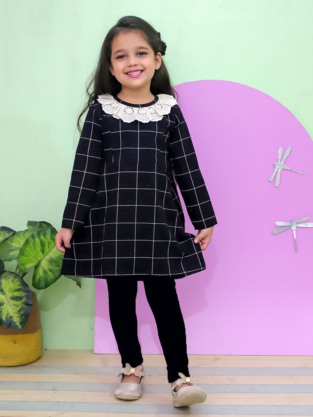 Black Plaid Flannel Girls Winter Dress - KWW - PB - BLKPLD - 6 - 12