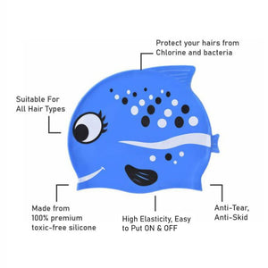 Black Polka Blue Fishy , Silicone Kids Swim Cap, 5 years - 15 years - 5 - 15 years Swim