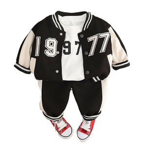 Black & White 1977 Designed 3 Pcs Varsity Jacket Styled Track Suit Set For Toddlers And Kids - 2 - 3 Years Kids Clothing