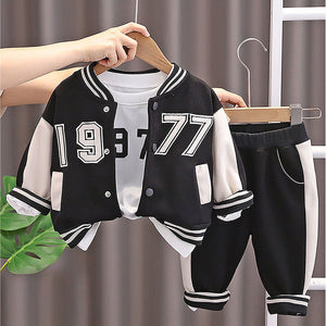 Black & White 1977 Designed 3 Pcs Varsity Jacket Styled Track Suit Set For Toddlers And Kids - 2 - 3 Years Kids Clothing