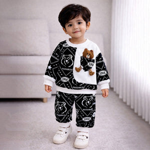 Black & White Dotted Teddy , 2Pcs Tracksuit Set for Kids - 2 - 3 Years Kids Clothing