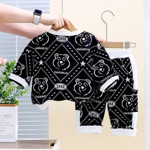 Black & White Dotted Teddy , 2Pcs Tracksuit Set for Kids - 2 - 3 Years Kids Clothing