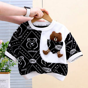 Black & White Dotted Teddy , 2Pcs Tracksuit Set for Kids - 2 - 3 Years Kids Clothing
