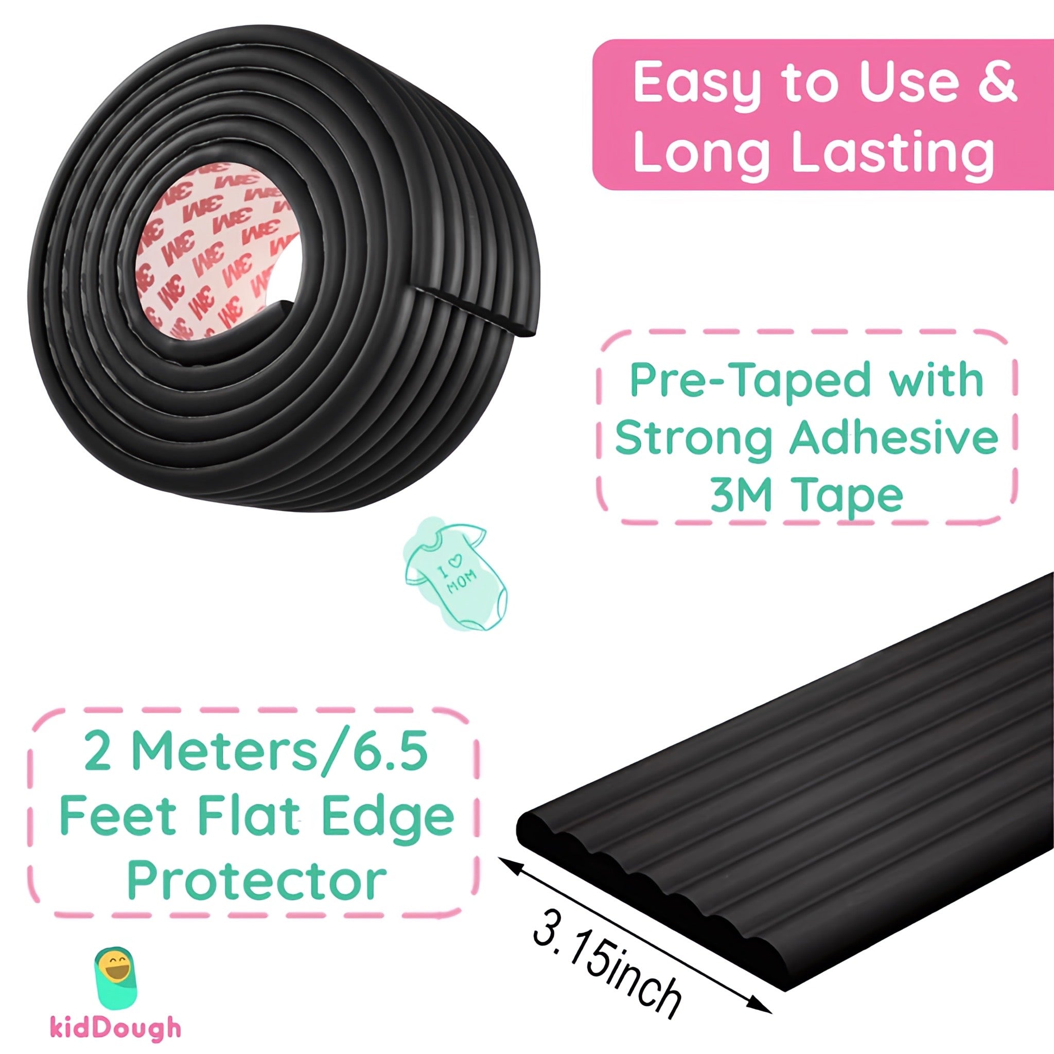 KidDough Baby Proofing Flat Edge Protector- 2 Meters- Black