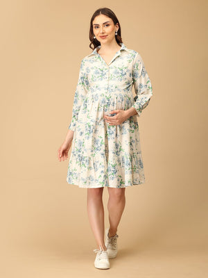 Woman wearing a floral dress on a beige background