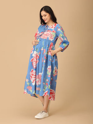 Bloom Me Blue Maternity and Nursing Dress - DRS - SK - BLMBL - S