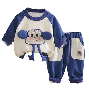 Blue 3D Monkey Face 2Pcs Track Suit Set For Winter And All Season Wear - 1 - 2 Years Kids Clothing
