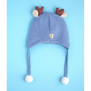 Blue Baby Antler Knitted soft Woolen Winter Cap with tie up, 6 - 18 months - 6 - 18 Months Winter Wear