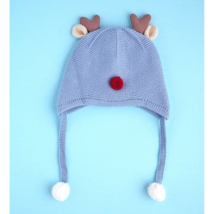 Blue Baby Antler Knitted soft Woolen Winter Cap with tie up, 6 - 18 months - 6 - 18 Months Winter Wear