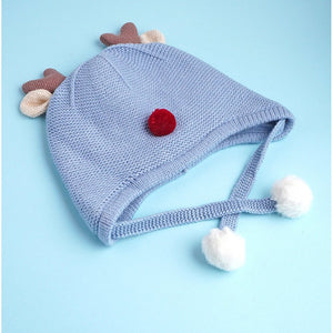 Blue Baby Antler Knitted soft Woolen Winter Cap with tie up, 6 - 18 months - 6 - 18 Months Winter Wear