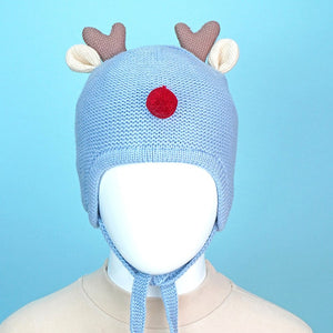 Blue Baby Antler Knitted soft Woolen Winter Cap with tie up, 6 - 18 months - 6 - 18 Months Winter Wear