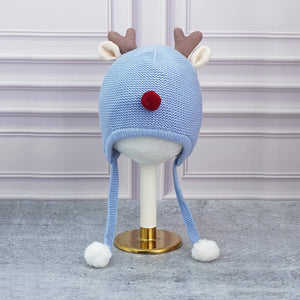 Blue Baby Antler Knitted soft Woolen Winter Cap with tie up, 6 - 18 months - 6 - 18 Months Winter Wear