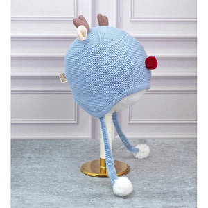 Blue Baby Antler Knitted soft Woolen Winter Cap with tie up, 6 - 18 months - 6 - 18 Months Winter Wear