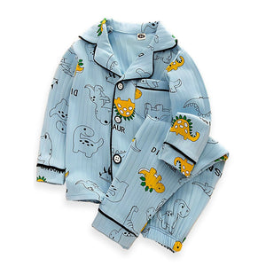 Blue Black Line Dino soft cotton Kids nightsuit - 1 - 2 Years Nightsuits