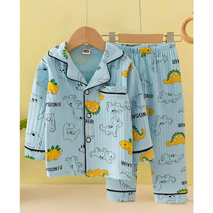 Blue Black Line Dino soft cotton Kids nightsuit - 1 - 2 Years Nightsuits