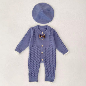 Blue Bow Knitted Full Sleeves Jumpsuit Romper with Cap for Tiny Toddlers - 3 - 6 Months Winter Wear