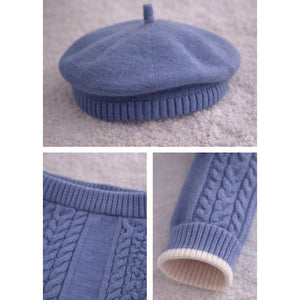 Blue Bow Knitted Full Sleeves Jumpsuit Romper with Cap for Tiny Toddlers - 3 - 6 Months Winter Wear