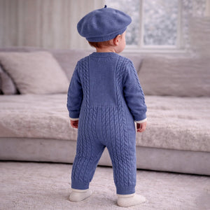 Blue Bow Knitted Full Sleeves Jumpsuit Romper with Cap for Tiny Toddlers - 3 - 6 Months Winter Wear