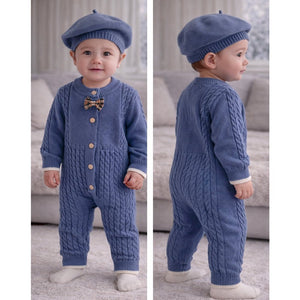 Blue Bow Knitted Full Sleeves Jumpsuit Romper with Cap for Tiny Toddlers - 3 - 6 Months Winter Wear