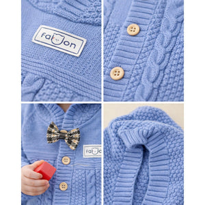 Blue Bow Patterned knit Full Sleeves Jumpsuit Hoodie Romper for Tiny Toddlers - 3 - 6 Months Winter Wear