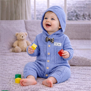 Blue Bow Patterned knit Full Sleeves Jumpsuit Hoodie Romper for Tiny Toddlers - 3 - 6 Months Winter Wear