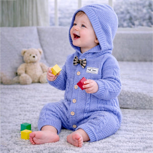 Blue Bow Patterned knit Full Sleeves Jumpsuit Hoodie Romper for Tiny Toddlers - 3 - 6 Months Winter Wear