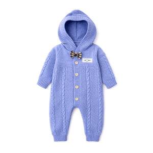 Blue Bow Patterned knit Full Sleeves Jumpsuit Hoodie Romper for Tiny Toddlers - 3 - 6 Months Winter Wear