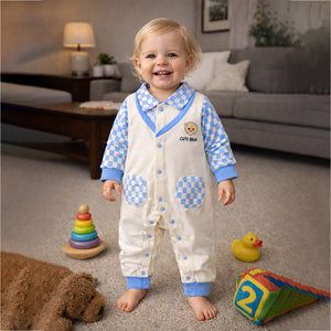Blue Checks Collar, Full Sleeves Jumpsuit Romper for Tiny Toddlers - 6 - 12 Months Kids Clothing