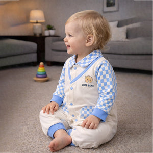 Blue Checks Collar, Full Sleeves Jumpsuit Romper for Tiny Toddlers - 6 - 12 Months Kids Clothing