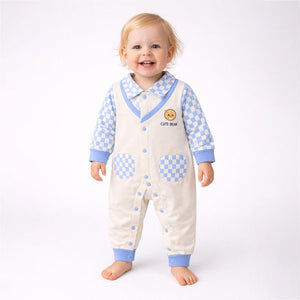 Blue Checks Collar, Full Sleeves Jumpsuit Romper for Tiny Toddlers - 6 - 12 Months Kids Clothing