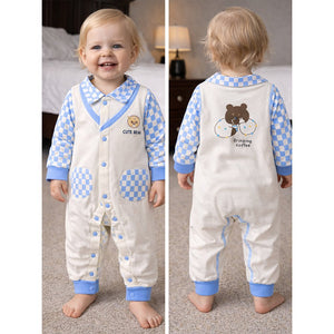 Blue Checks Collar, Full Sleeves Jumpsuit Romper for Tiny Toddlers - 6 - 12 Months Kids Clothing