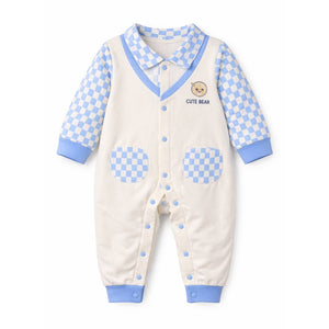Blue Checks Collar, Full Sleeves Jumpsuit Romper for Tiny Toddlers - 6 - 12 Months Kids Clothing