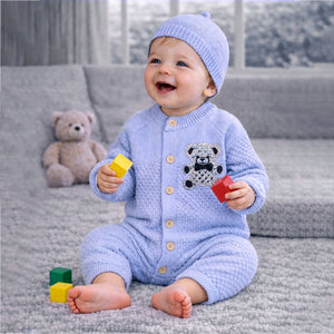 Blue Diamond Teddy Full Sleeves Jumpsuit Winter Romper with Cap for Tiny Toddlers - 3 - 6 Months Winter Wear