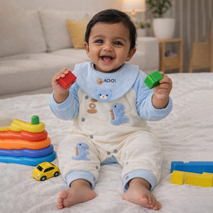 Blue Dino and Cream Winter Romper with Matching Bib for Tiny Toddlers - 0 - 3 Months Winter Wear